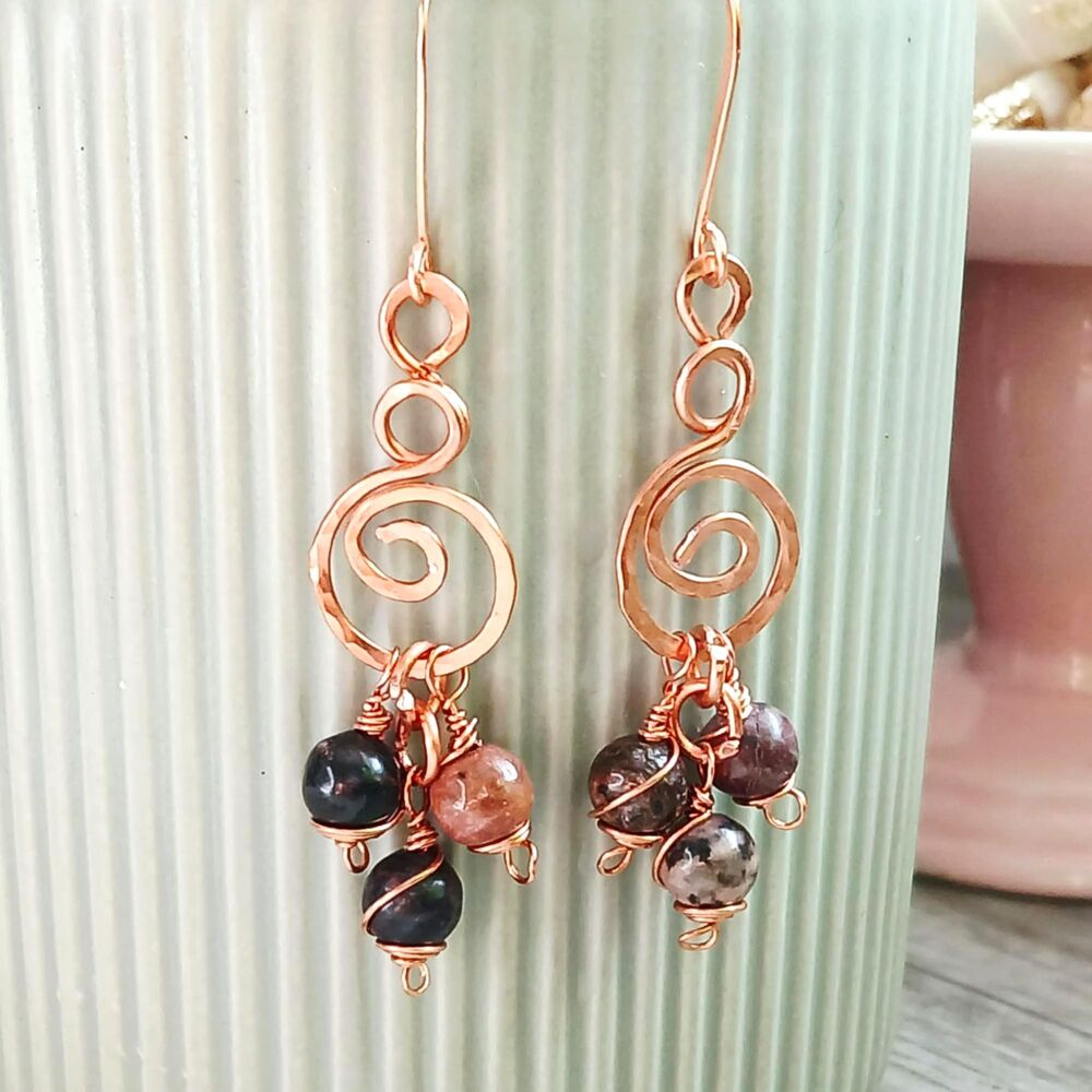 Boho Chic Rhodonite Crystal Dangle Earrings, Hammered Copper Jewelry, 2.5"
